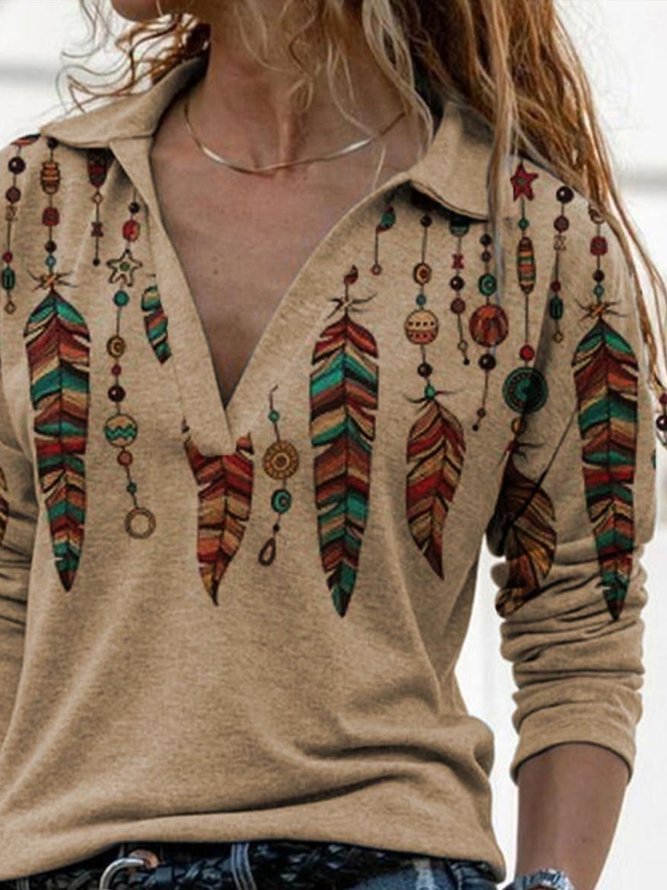 Damen Reto Western Feder Print Lässig Revers Langarm Oberteile