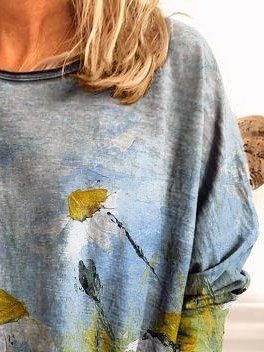Langarm Öl Malerei Blumen Shirts mit Rundhals