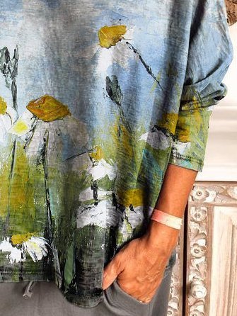 Langarm Öl Malerei Blumen Shirts mit Rundhals