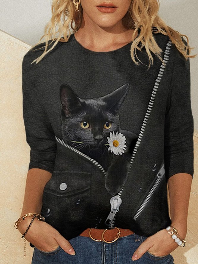 Katze Blumenmuster Rundhals Langarm Lässig T-Shirt