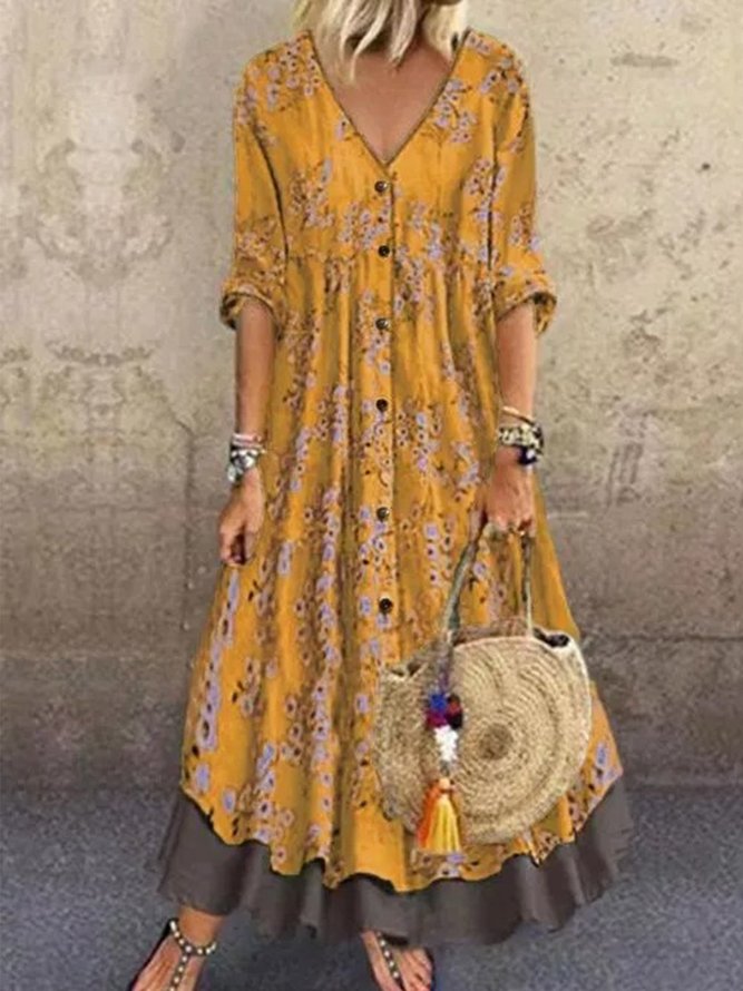 Normal Lässig 3/4 Ärmel V-Ausschnitt Strick Kleid