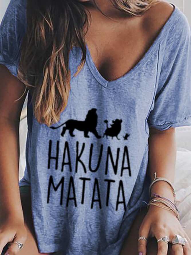 Baumwolle T-Shirt V-Ausschnitt Hakuna Matata Print Lässig Urlaub&Täglich Noracora