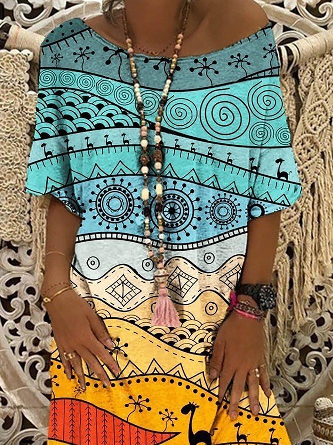 Urlaub Ethnischer Print Kleid mit Kurzarm