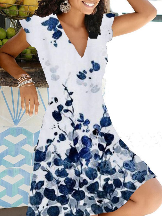 Geblümt Kurzarm Print Baumwollmischung V-Ausschnitt Retro Sommer Blau Kleid