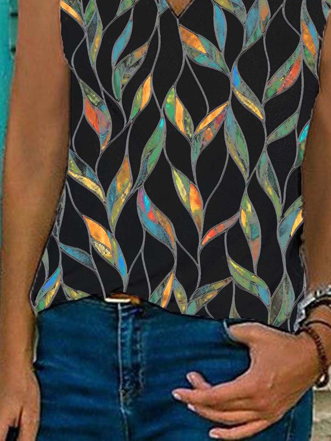 Geometrisch Ärmellos Print Baumwollmischung V-Ausschnitt Retro Sommer Schwarz Bluse