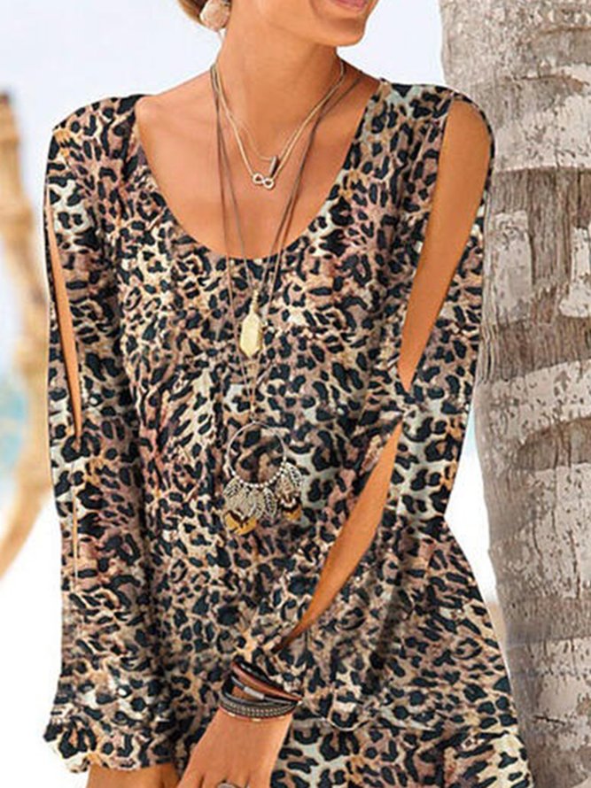 Rundhals Schulterfreie Kleider mit Leopard Print für Strand Urlaub