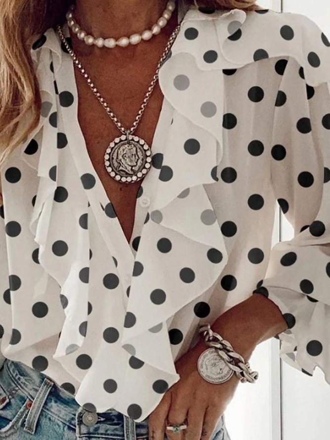Weiß Polka Dots Print Rüschen V-Ausschnitt Normal Langarm Normal Bluse