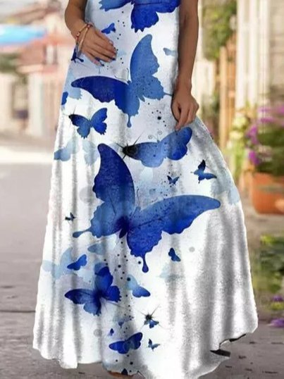 Rundhals Ärmellose Kleider mit Schmetterling Print