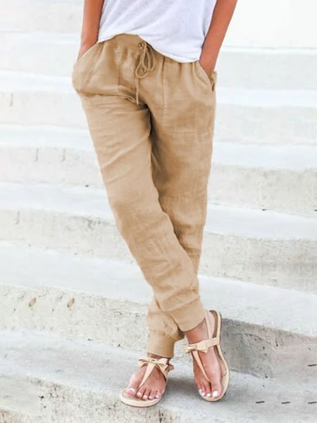 Unifarben Tunnelzug Lässig Leinen Hosen Damen Hose