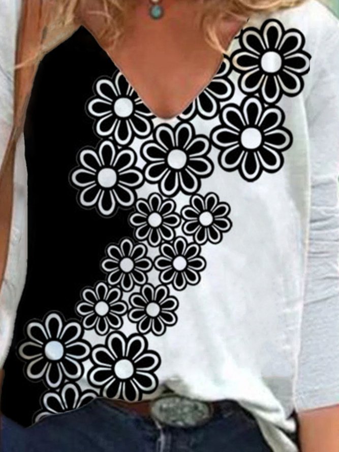 Schwarz-Weiß Blumenmuster Langarm V-Ausschnitt Lässig Normal Blusen & Shirts
