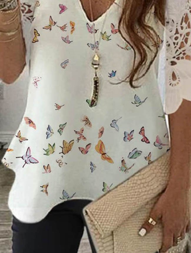 Halbarm V-Ausschnitt Shirts & Blusen mit Schmetterling Print