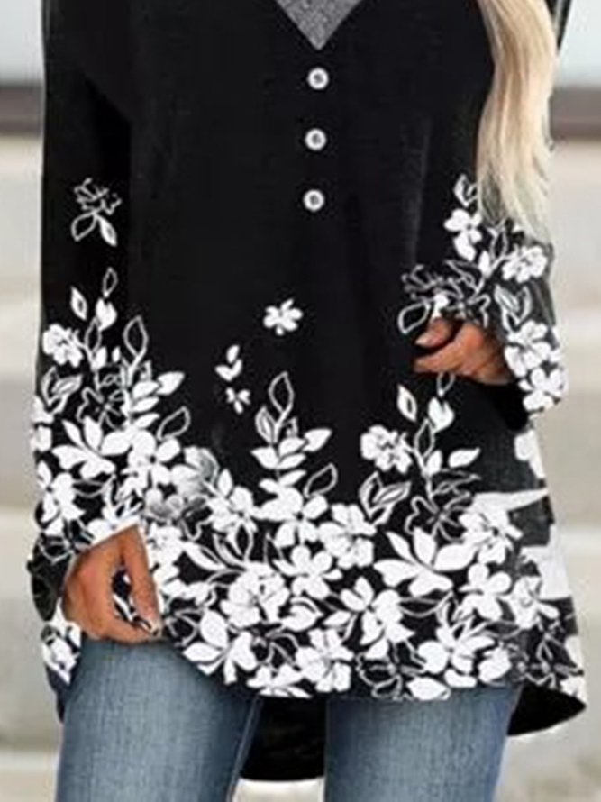 Schwarz Blumenmuster V-Ausschnitt Lässig Langarm Normal Blusen & Shirts