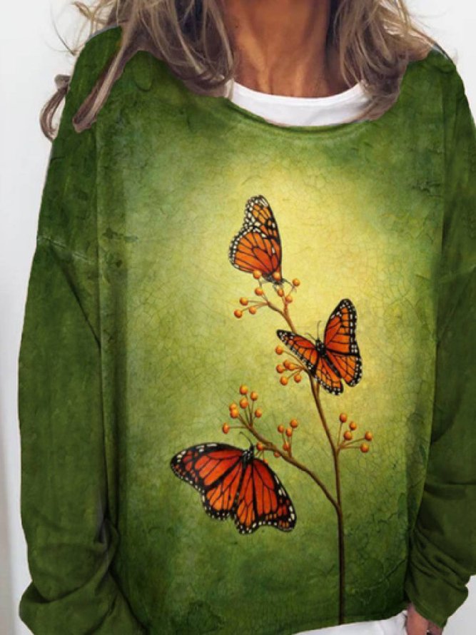 Langarm Schmetterling Einfach Rundhals T-Shirt