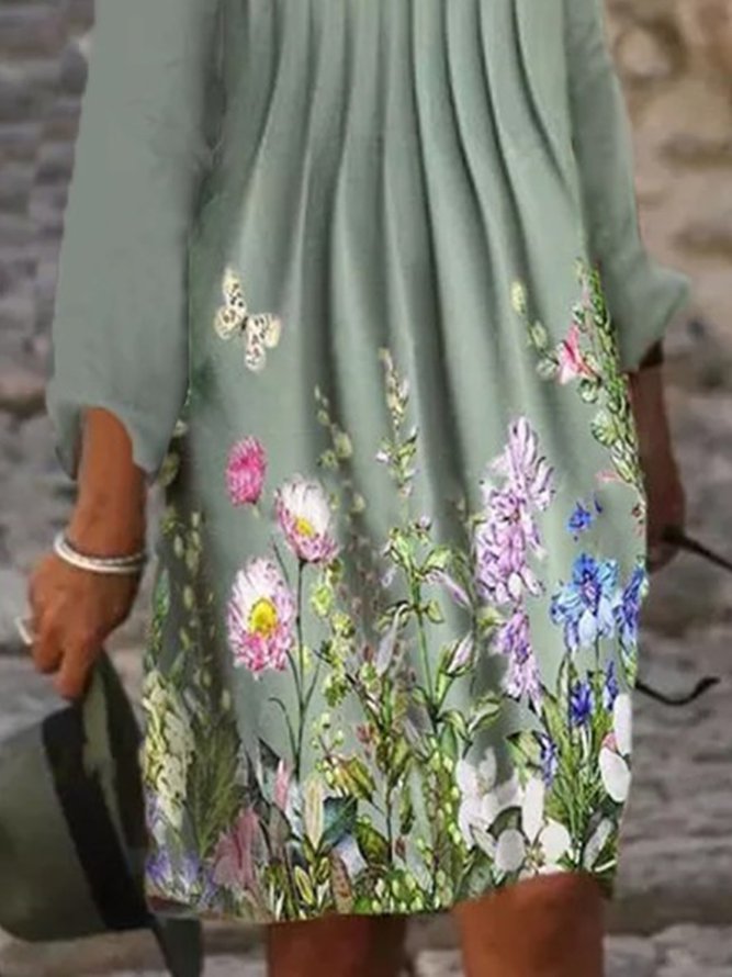 Grün Blumenmuster Lässig Retro Langarm Wasserfallausschnitt Kleider