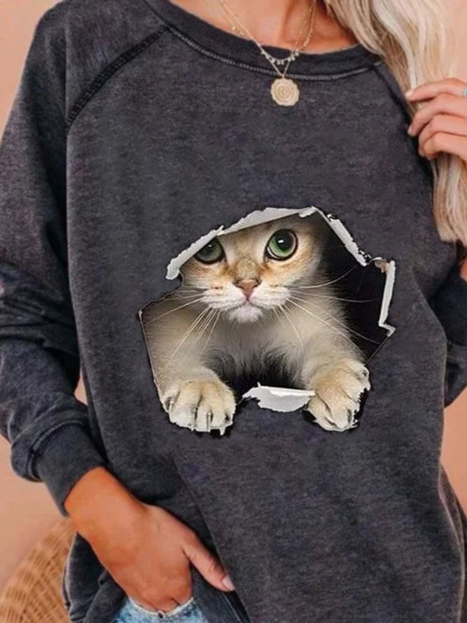 Katzen Muster Shirt Langarm Rundhals Große Größen Sweatshirt Noracora