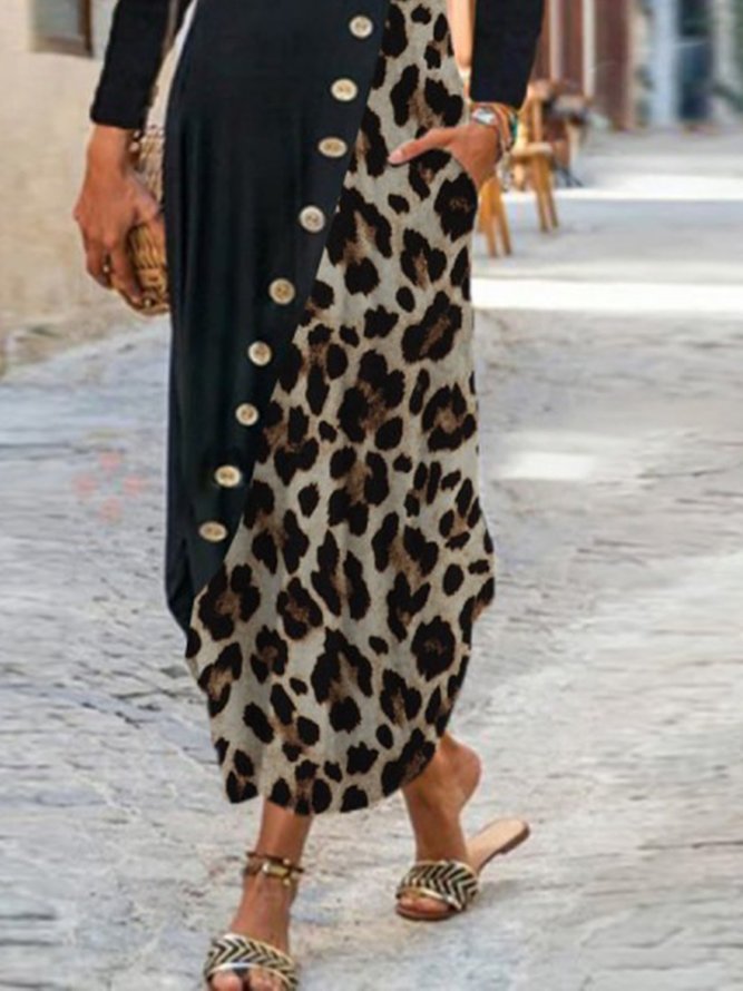 Schwarz Lässig Leopard Paneeliert Langarm Kleider