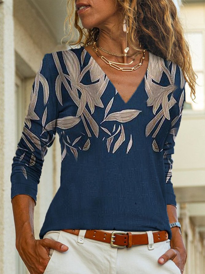 Retro Blumenmuster V-Ausschnitt Langarm Große Größen Lässig Blusen&Shirts