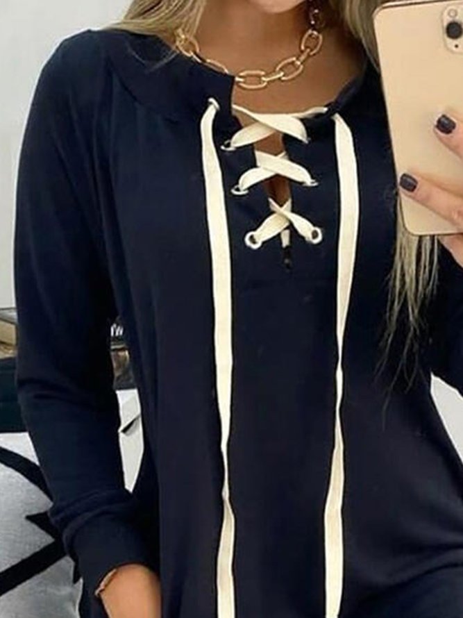 Retro Unifarben Schnürung V-Ausschnitt Langarm Große Größen Lässig Sweatshirt Kleider