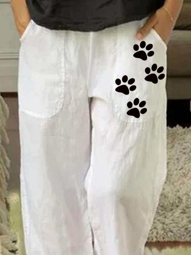 Weiß Katze Print Taschen Normal Lässig Elastische Taille Hosen