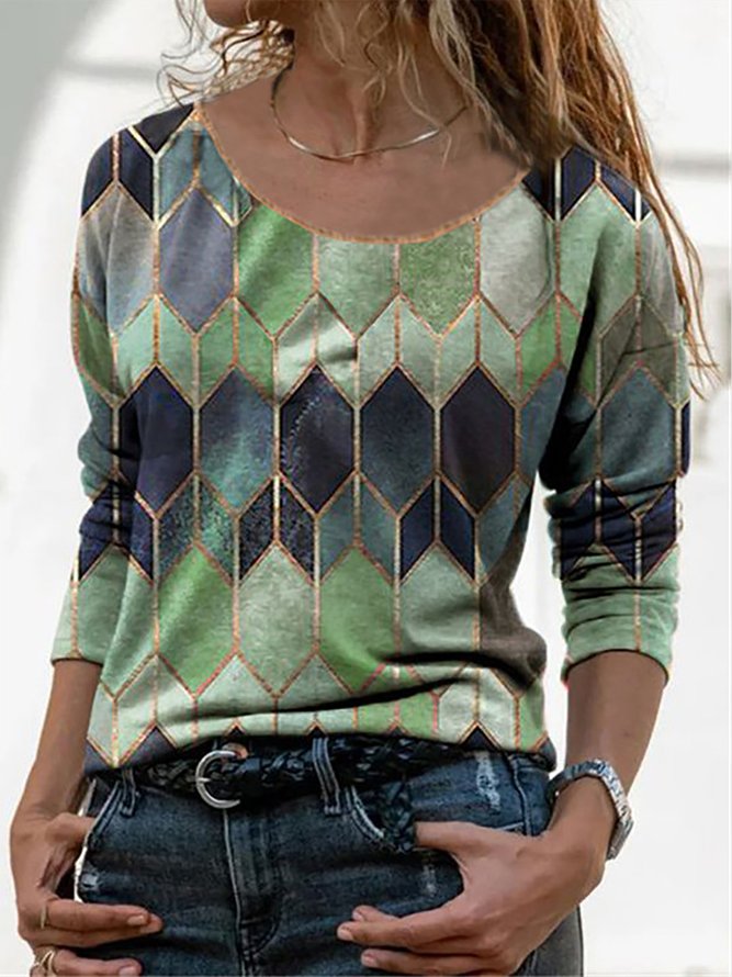 Damen Geometrisch Farbbl Lässige Baumwollgemische T-Shirt
