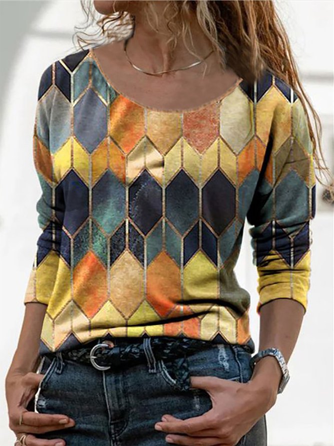 Damen Geometrisch Farbbl Lässige Baumwollgemische Shirts
