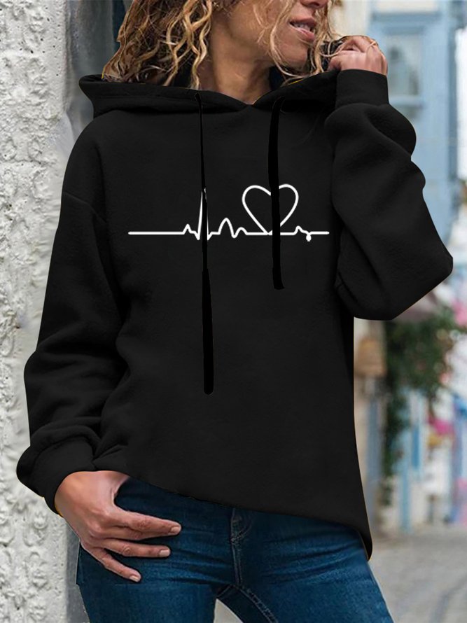 Lässig Herz Schlagen Print Langarm Mit Kapuze Locker Sweatshirts