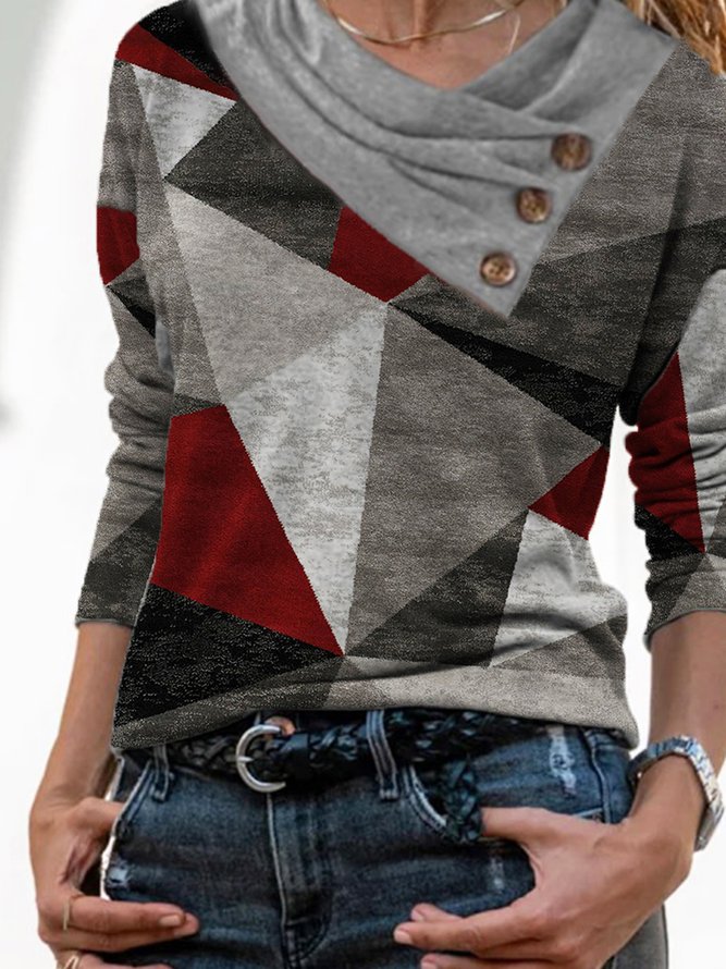 Geometrisch Print Shirt Wasserfallausschnitt Farbblock Langarm Noracora