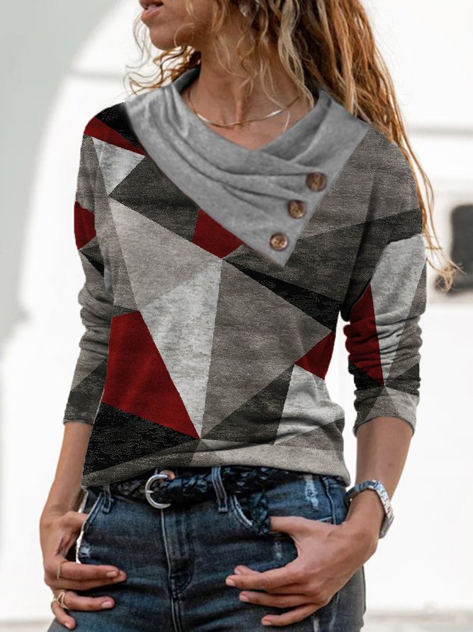 Geometrisch Print Shirt Wasserfallausschnitt Farbblock Langarm Noracora