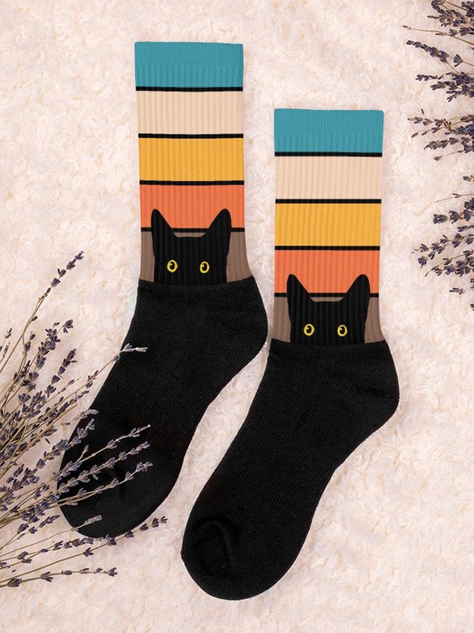 Schwarz Katze Kopf Farbe Matching Lässig Socken