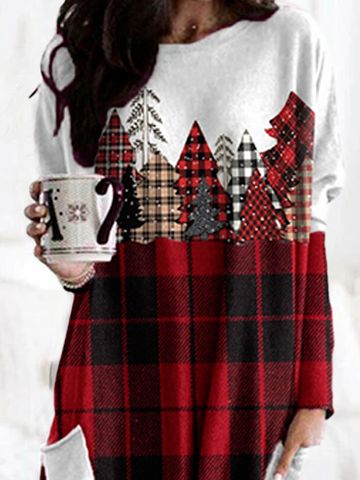 Weihnachten Party Glänzend Kariertes Baum Sweatshirt Minikleid Freizeitkleid Weihnachtskleider mit Tasche-Rot