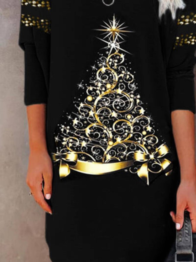 Weihnachtskleid Party Langarm V-Ausschnitt Kleider mit Print