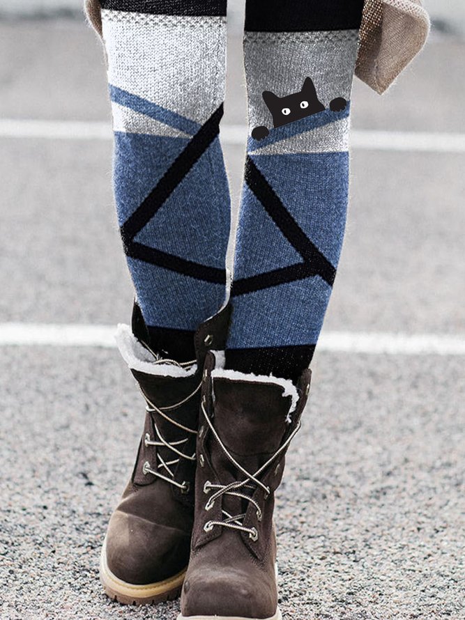 Katze Elastische Taille Print Freizeithose Leggings im Colorblockdesign