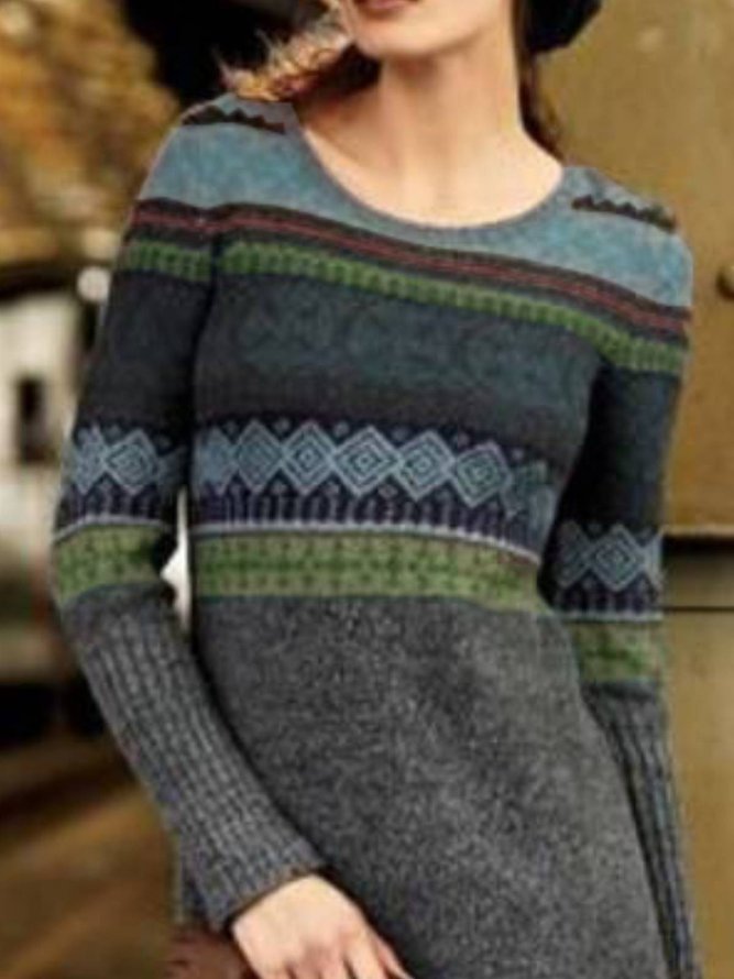 Rundhals Retro Langarm Strickkleid