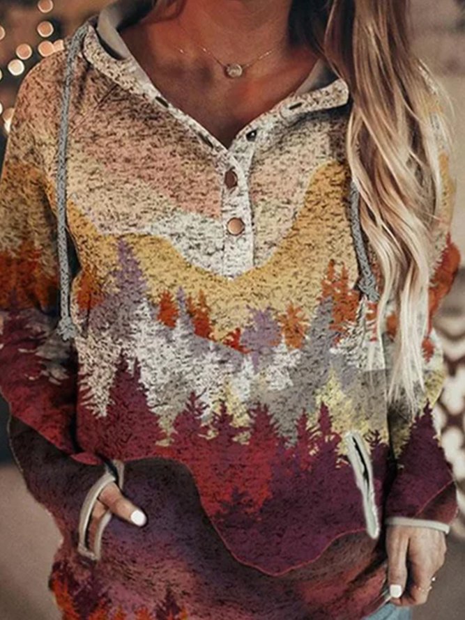 Damen Herbst und Winter Lang Berg Print Lässig Tasche mit Kapuze Sweatshirts