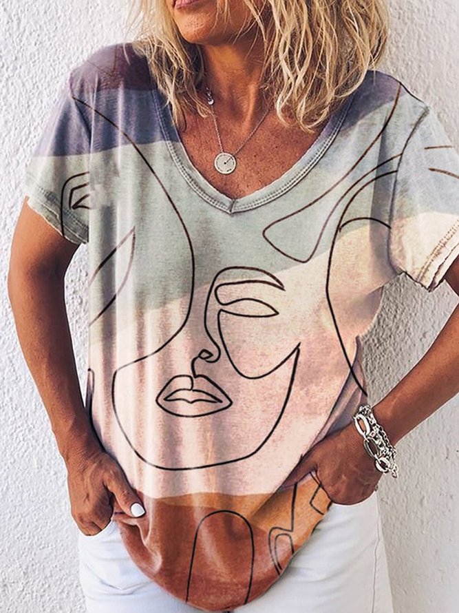 Figur Geometrisch Farbblock Print Lässig Locker Langarm V-Ausschnitt Kurzarm T-Shirt