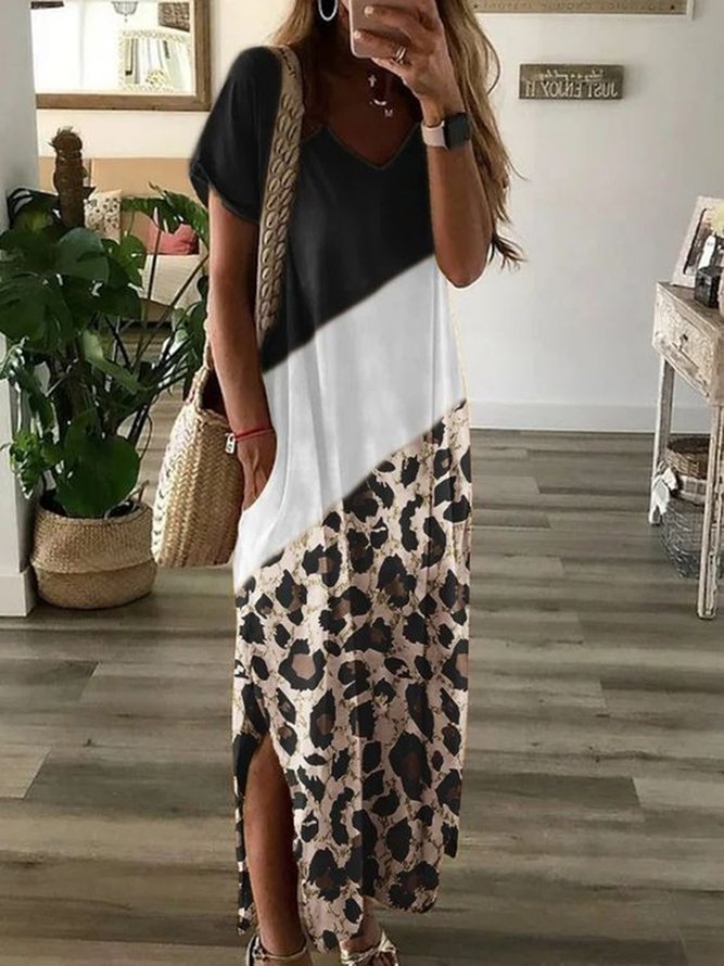 Leopard Farbblock V-Ausschnitt Schlitz Lässig Kurzarm Locker Kleid