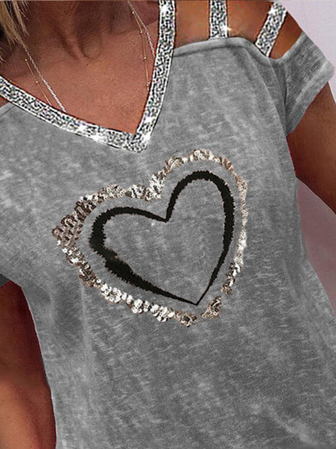 Paneeliert Diamant V-Ausschnitt Urban Lässig kurz Grau kurzärmelig T-Shirt