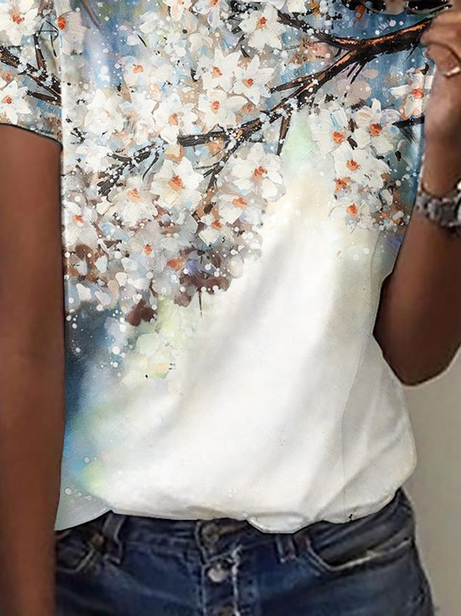 Geblümt Locker Lässig Kurzarm T-Shirt