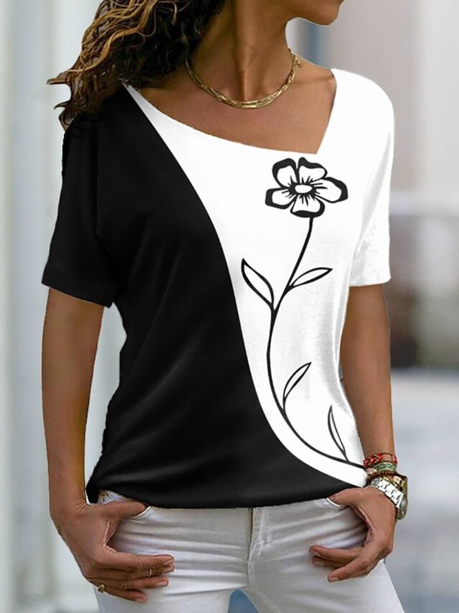 Blumen Print T-Shirt asymmetrischer Kragen Kurzarm Lässig Noracora