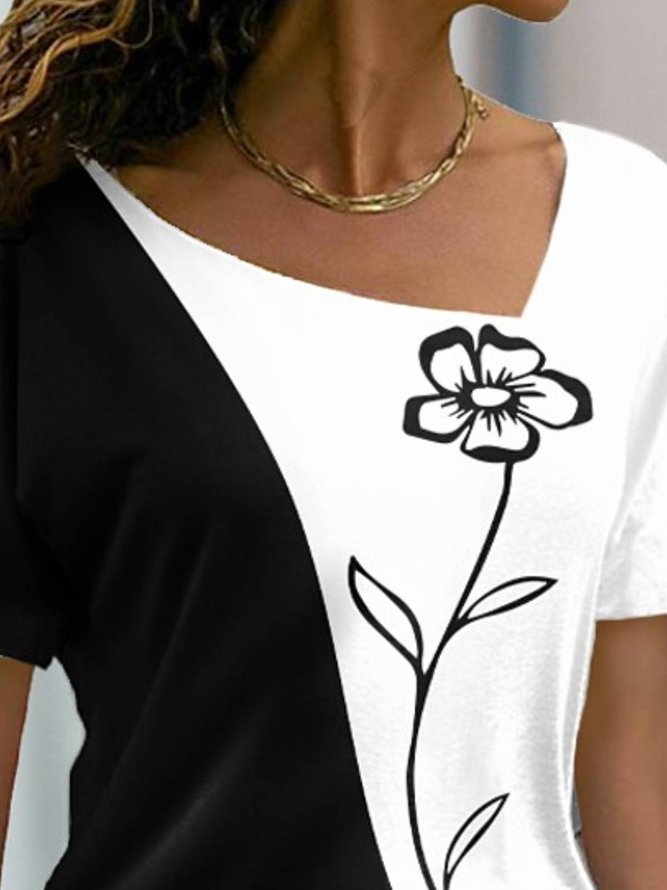 Blumen Print T-Shirt asymmetrischer Kragen Kurzarm Lässig Noracora