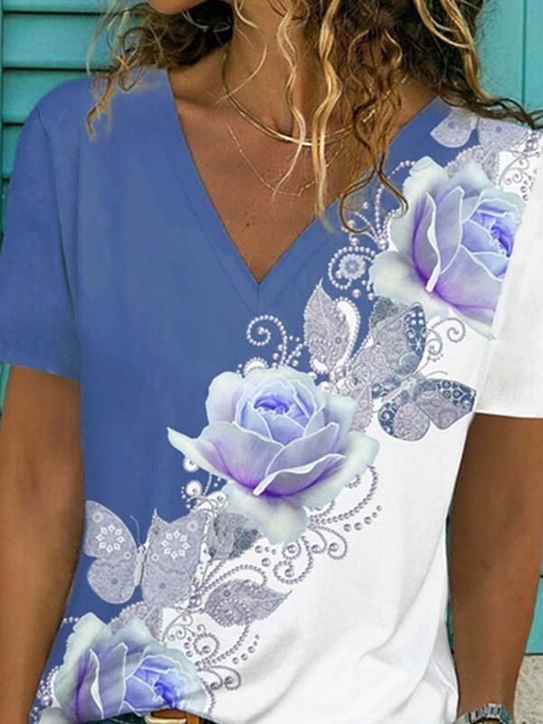 Lässiges Geblümtes T-Shirt mit V-Ausschnitt
