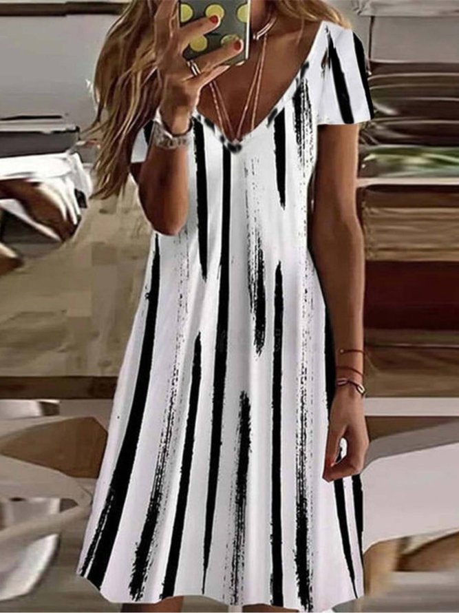 Streifen Print Kleid V-Ausschnitt Kurzarm lässig Urlaub Noracora