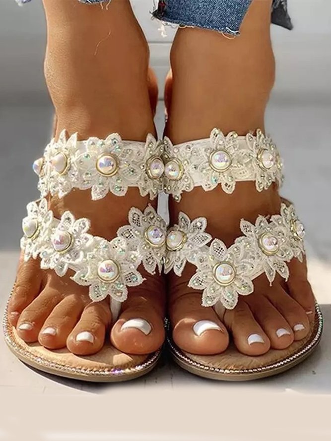 Damen Bohemien Perle Geblümt Große Größen Slipper Sandale