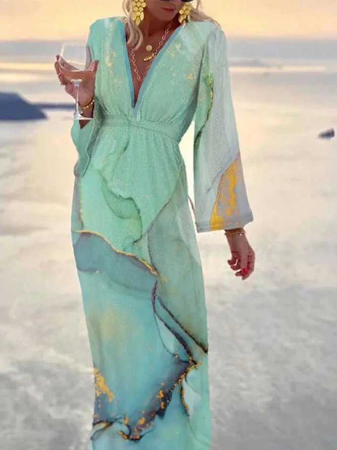 Farbmeer Landschaft Print Kleid Böhmisch V-Ausschnitt Langarm A-Linien