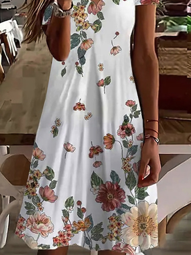Blumen Print Kleid Kurzarm V-Ausschnitt Urlaub locker Stil Noracora