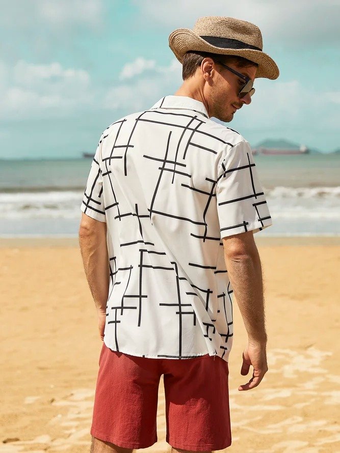 Herren Baumwolle Irregulär Leitung Print Unifarben Weit Dünn Kurzarm Hawaiische Shirts