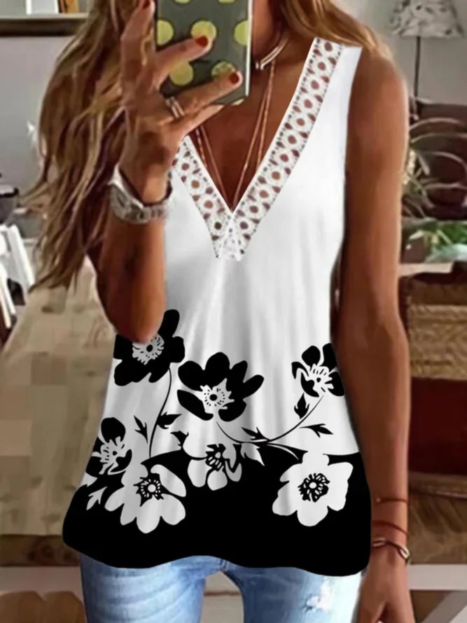 Lässig Geblümt Ärmellos V-Ausschnitt Große Größen Print Tanktop Bluse Westen