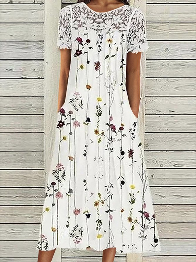 Spitze Maxikleid Blumen Print Kurzarm Rundhals Patchwork Noracora