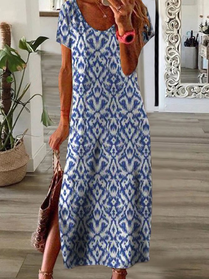 Böhmisch Ethnisch Geblümt Geometrisch Lässig Locker Rundhals Kurzarm Midi Stricken Kleid