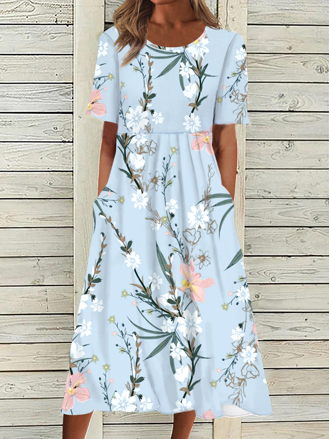 Blumen Print Kleid Gewebe Midi Rundhals Kurzarm A-Line Noracora